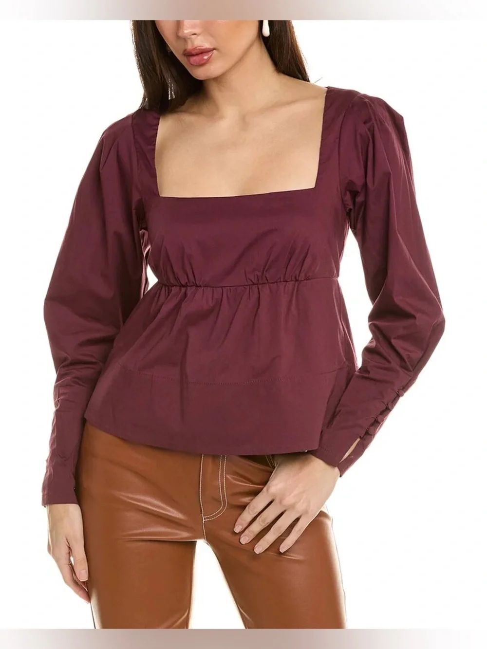 STAUD Peggy Burgundy Squarei-Neck Long-Sleeve Peplum Size Large Top T2